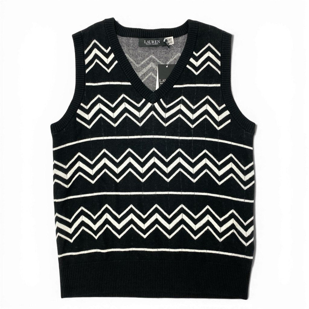 1a8 【未使用保管品】 LAUREN RALPH LAUREN ローレンラルフローレン ニットベスト ノースリーブニット Vネック シェブロン柄 モノトーン レディース M ブラック ホワイトu02t