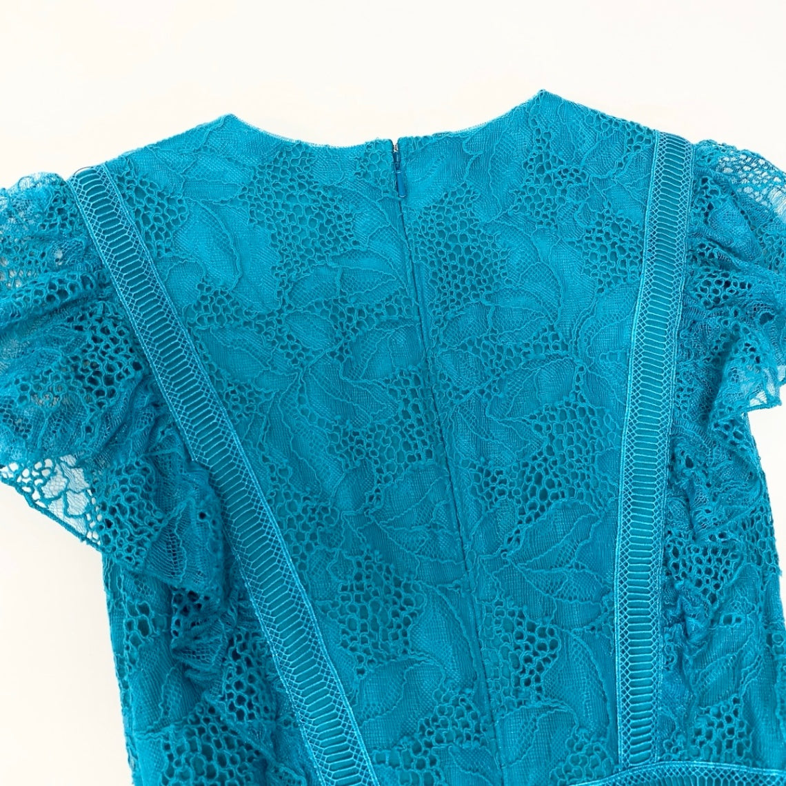 49g18 【美品】TADASHI SHOJI タダシショージ 総レースワンピース ドレス フリル 膝丈 0サイズ エメラルドグリーン レディース 女性用u02t