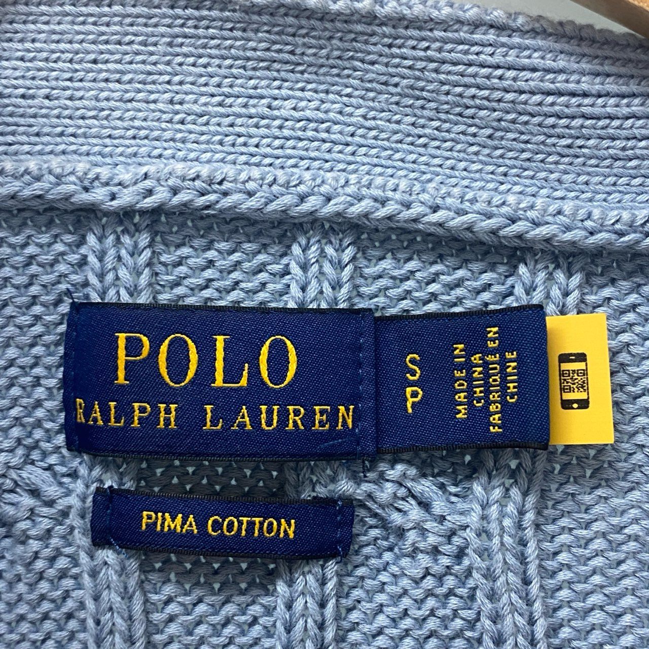 60b10 POLO RALPH LAUREN ポロラルフローレン ケーブルカーディガン ニットセーター トップス 胸元ロゴ刺繍 Sサイズ ブルー コットン100％ レディース 女性用u02t