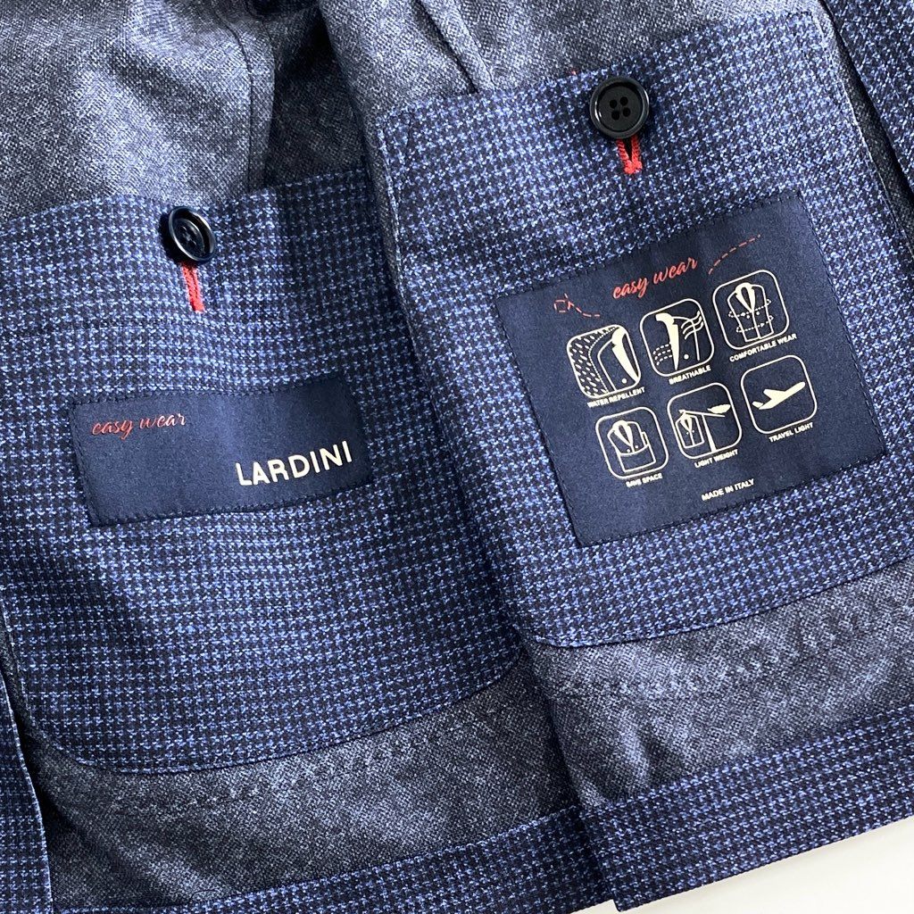 65e5 イタリア製 LARDINI ラルディーニ easy wear イージーウェア テーラードジャケット サマージャケット ストレッチ ブートニエール付き JX939AQ51 サイズ48 7R ネイビー ポリエステル100％ メンズ 現行タグ