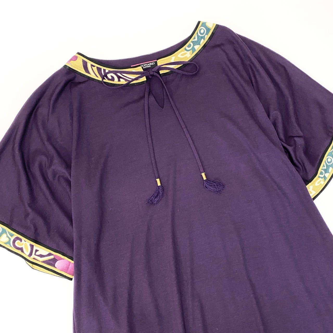 76a28 LEONARD FASHION レオナール オーバーサイズ ワンピース 半袖 カットソーワンピース 身幅ゆったり〇  レディース 女性用 Lサイズ パープル ウール シルクu02t