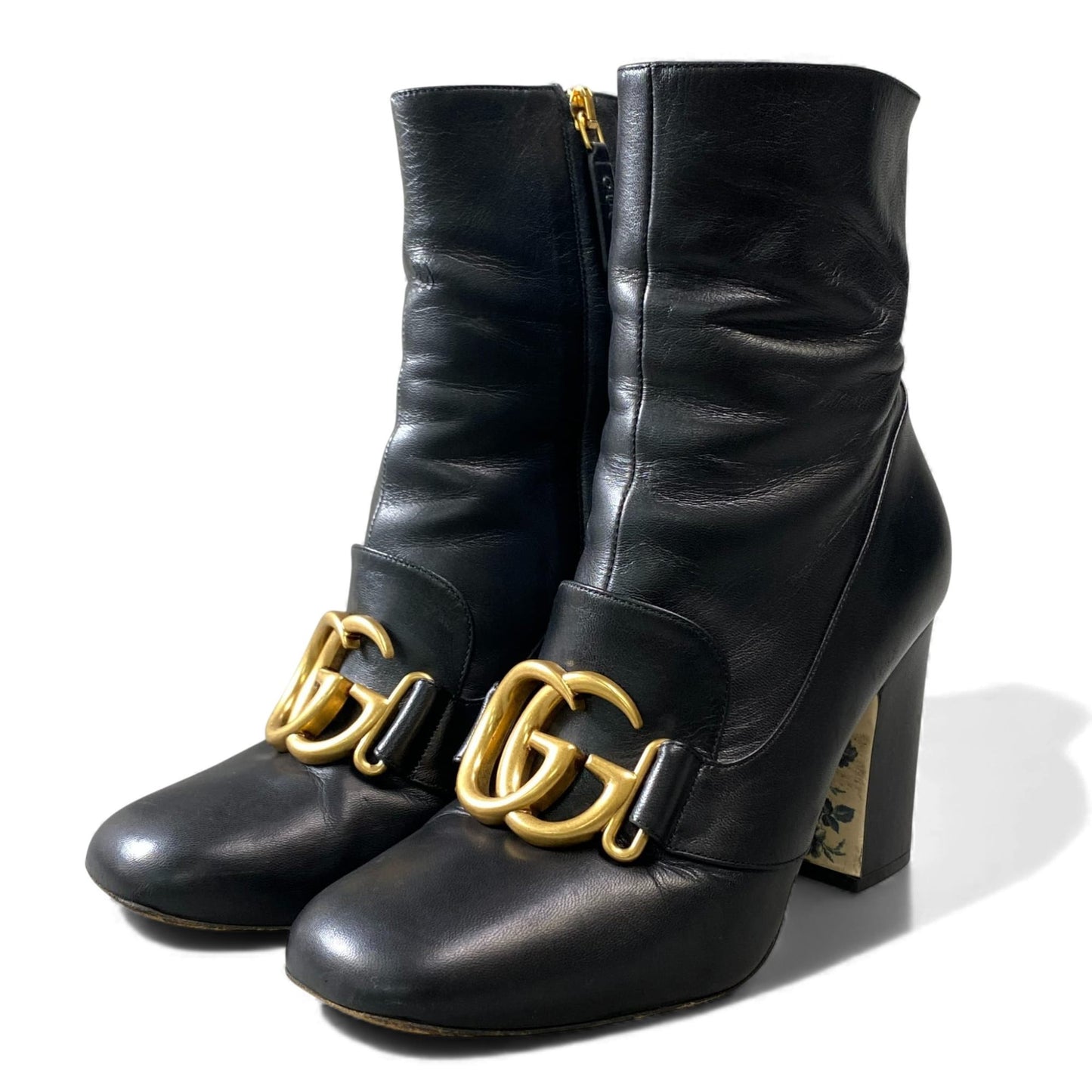 1L11 GUCCI グッチ ダブルG GGマーモント ショートブーツ チャンキーヒール サイズ36 ブラック レザー レディース 靴 ブーツk02i