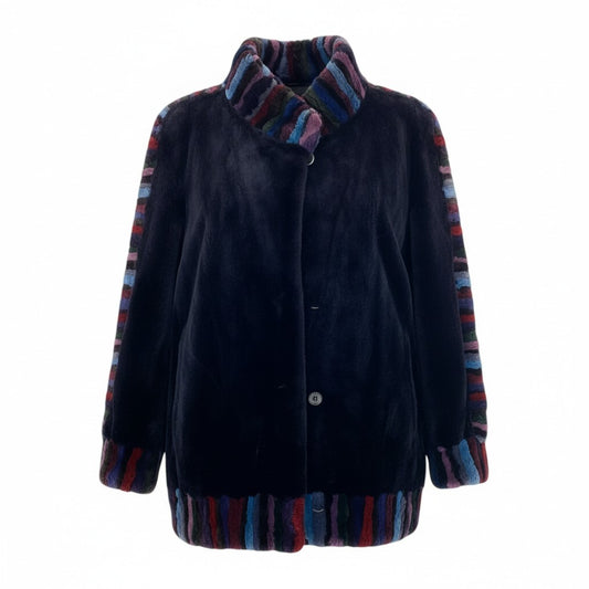 33L10 本毛皮 染め シェアード ロングコート サイズF ダークパープル リアルファー FUR COAT 希少デザインt18r