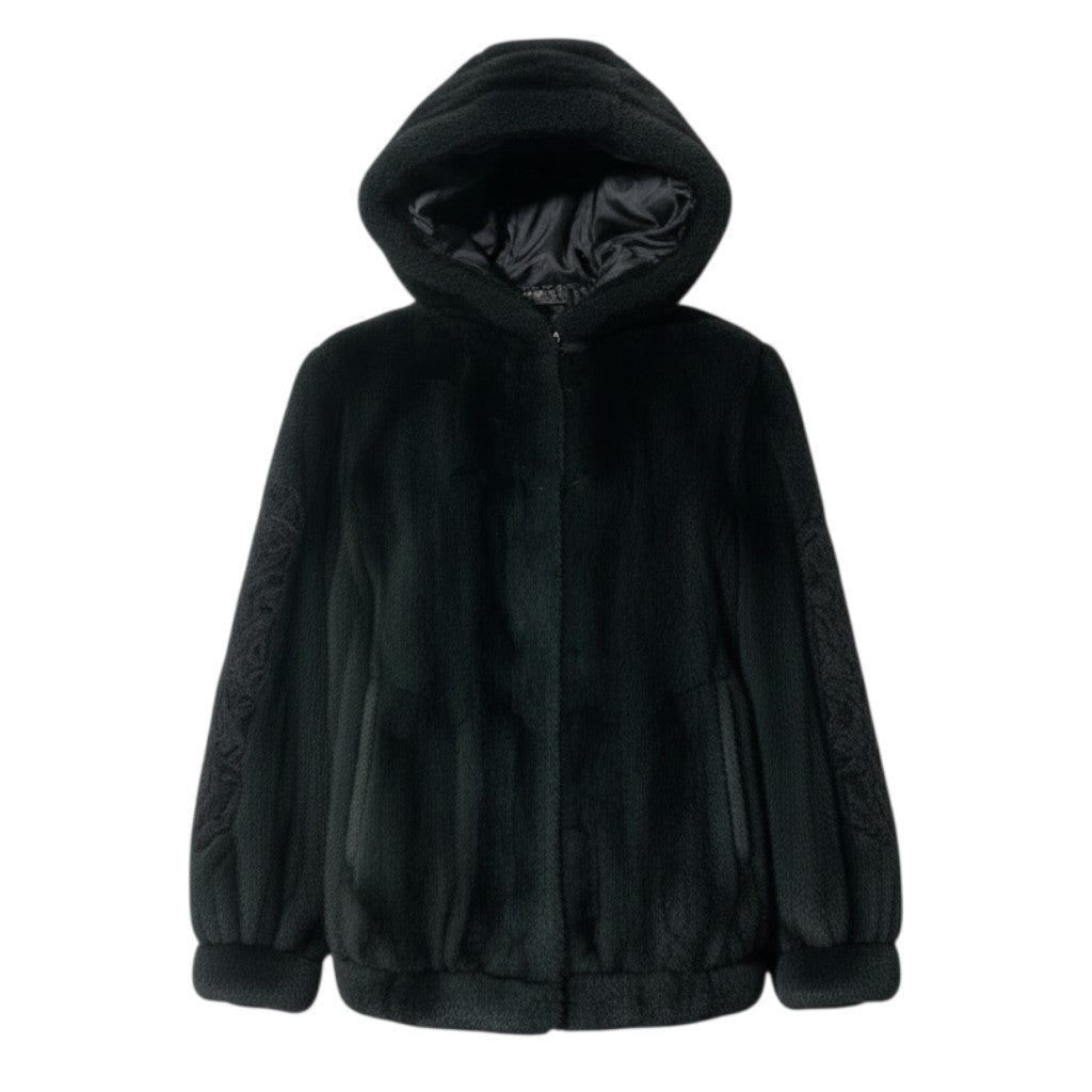 7a27 フード付き 染めミンク ファーコート サイズF ブラック ネイビー 本毛皮 Mink Fur Coat 希少デザインt18r
