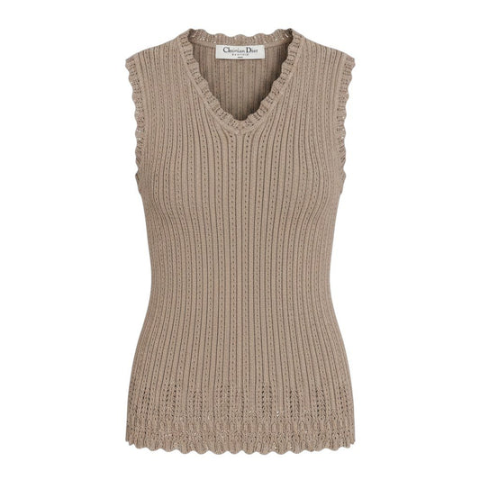 Ed21 Christian Dior クリスチャンディオール ガリアーノ期 ノースリーブVネックニットセーター コットンシルク トップス 1P13055058 38サイズ ベージュ レディース 女性用nu1