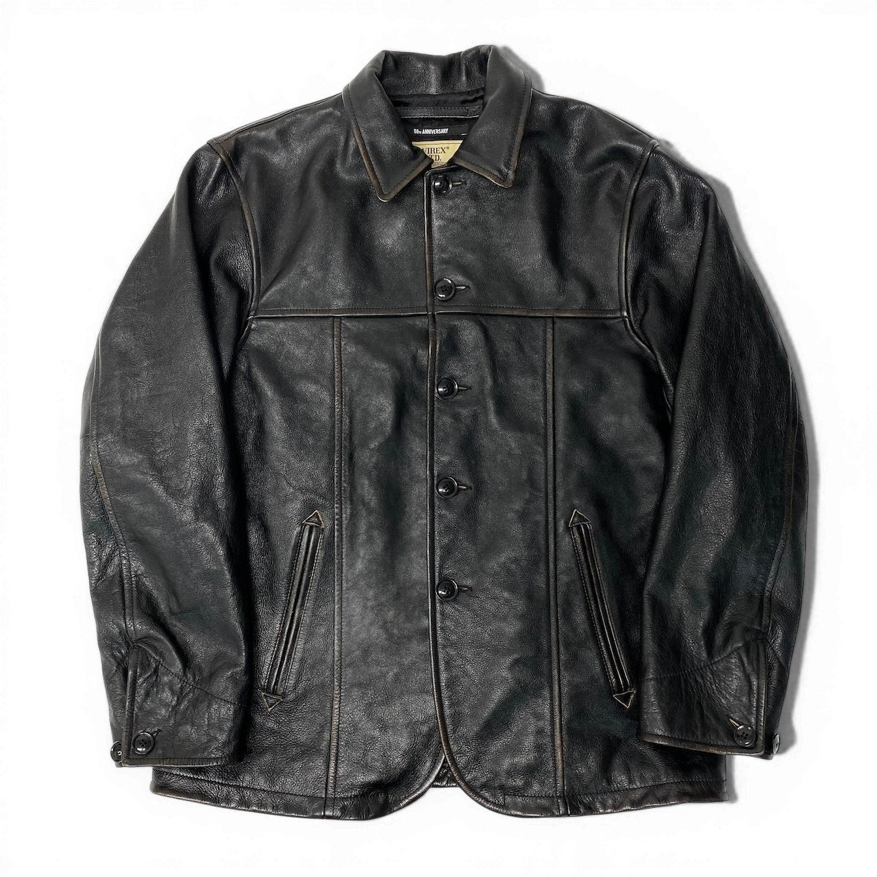 62d5 《美品》 AVIREX アヴィレックス 50th カウハイド カーコート サイズL ブラック 牛革 レザージャケット Vintage Finish ヴィンテージ加工t18r