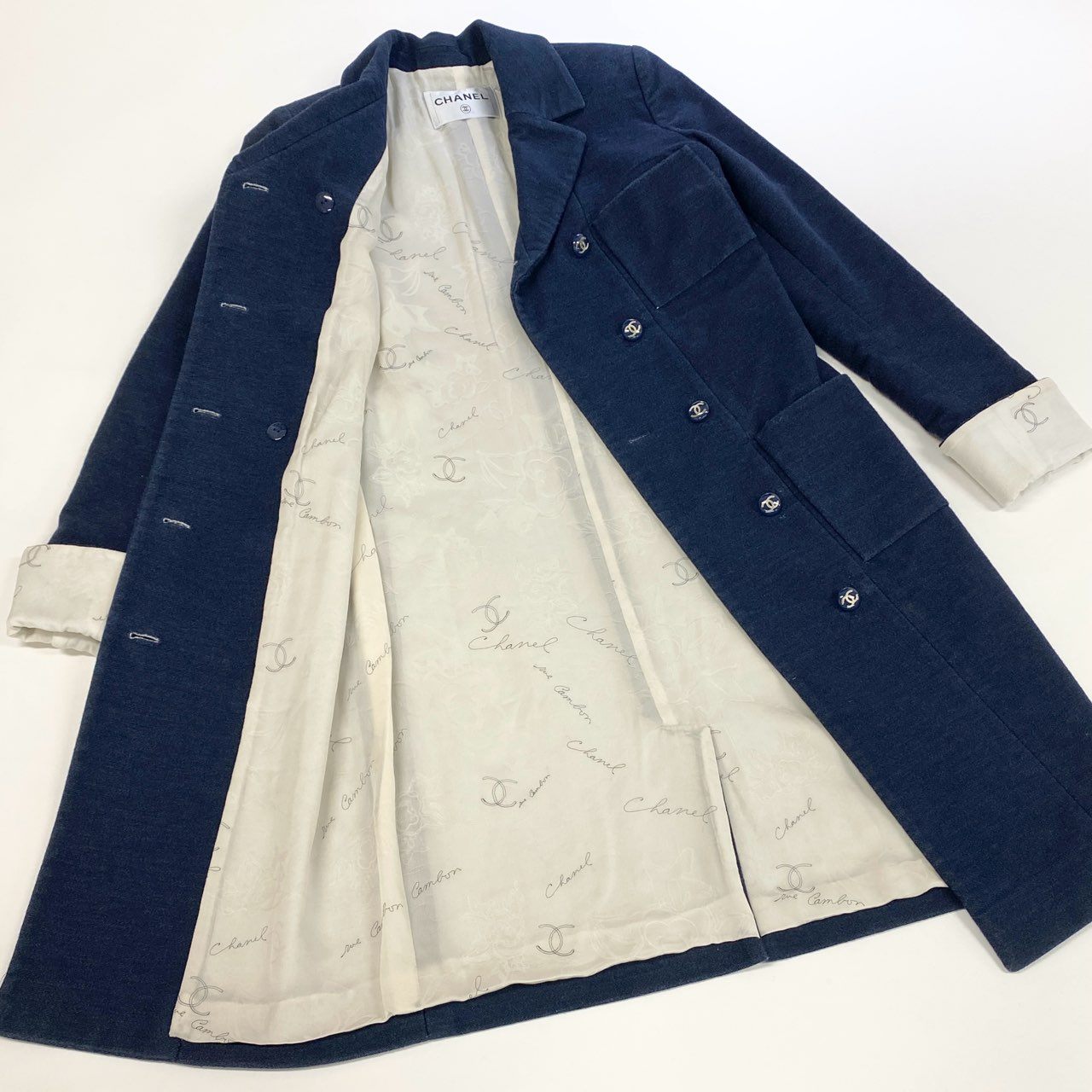 16k10 CHANEL シャネル ココマーク ダブルロングコート P53419V38061 34 インディゴ ブルー デニム 裏地刺繍t18r