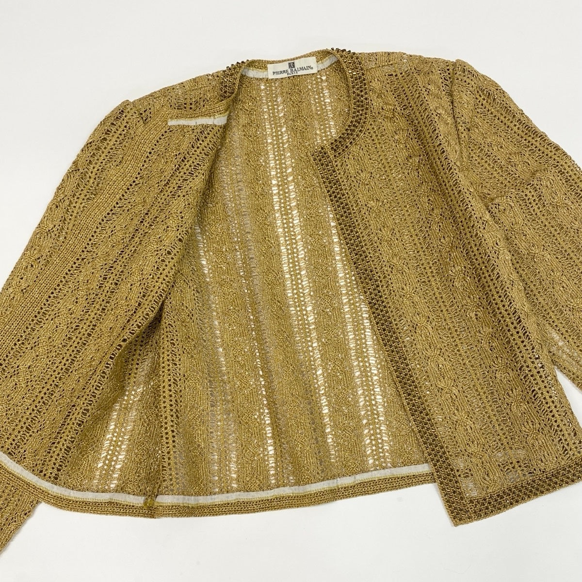 Ef6 PIERRE BALMAN ピエールバルマン ノーカラー ニットジャケット ビーズ装飾 ゴールド レディース 女性用u02t