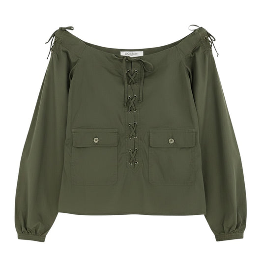 Ae19  YVES SAINT LAURENT イヴサンローラン トムフォード期 レースアップ オフショルダーカットソー カーキ レディース 女性服u02t