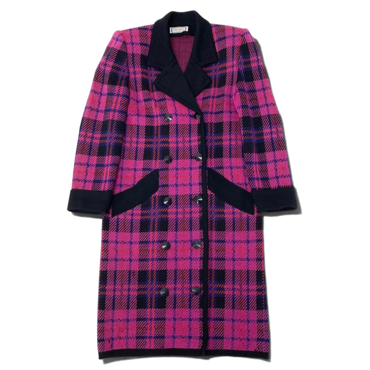 38h31 YVES SAINT LAURENT イヴサンローラン ダブルブレスト チェスターコート ニットコート チェック柄 サイズM マルチカラー ウール100％ レディースo07t