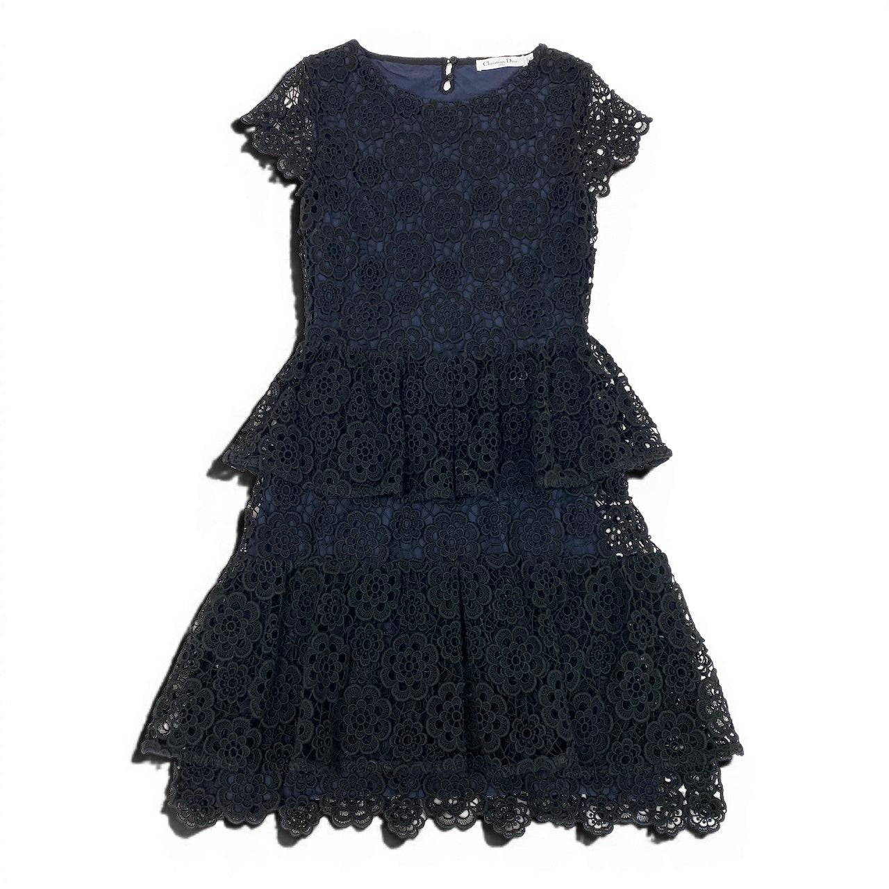 Ed23 Christian Dior クリスチャンディオール フラワーレース ドレスワンピース ティアードワンピース 5C24644AM528  イタリア製 サイズ44 ブラック ネイビー レディース 女性用k02i