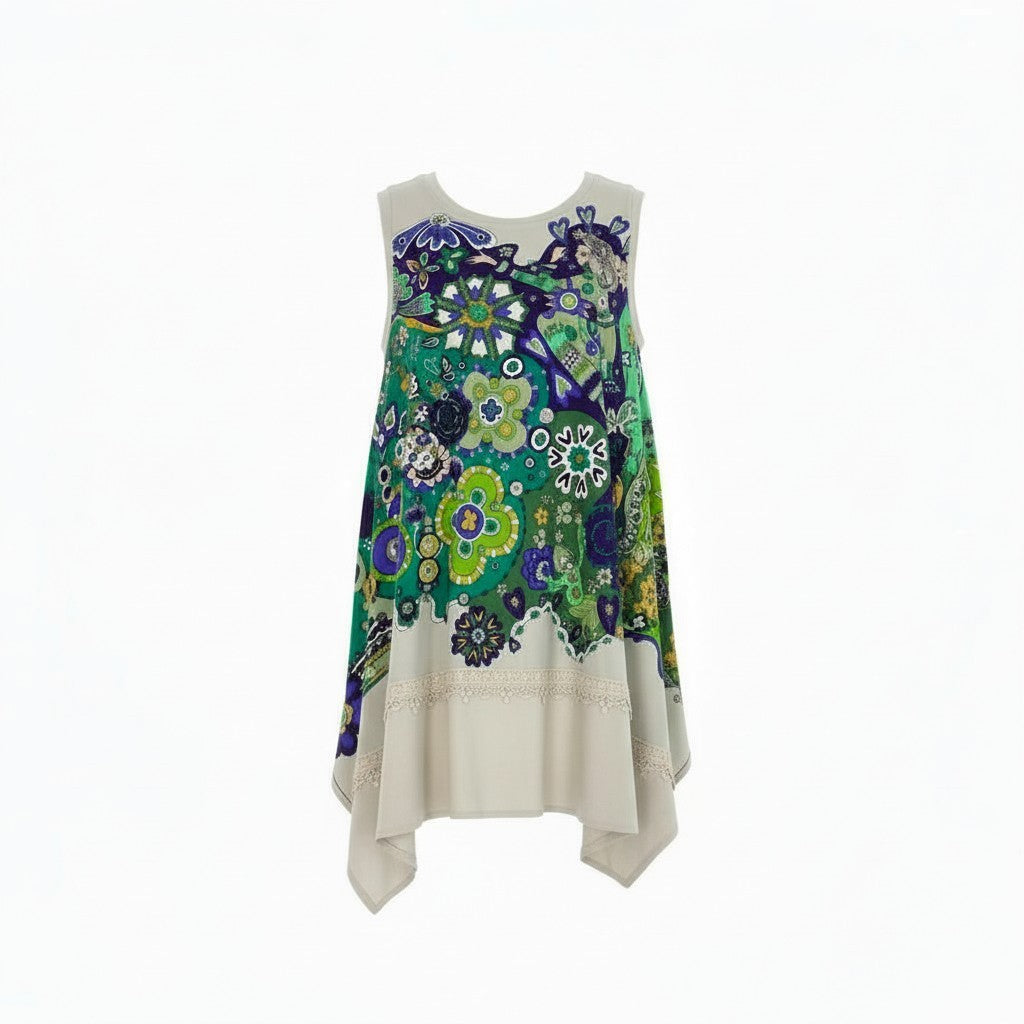 2k19《美品》 TOKUKO 1er VOL トクコプルミエヴォル チュニックワンピース ノースリーブ 裾変形デザイン プリント 刺繍 9 ベージュ レディースu02t