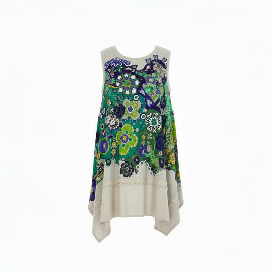 2k19《美品》 TOKUKO 1er VOL トクコプルミエヴォル チュニックワンピース ノースリーブ 裾変形デザイン プリント 刺繍 9 ベージュ レディースu02t