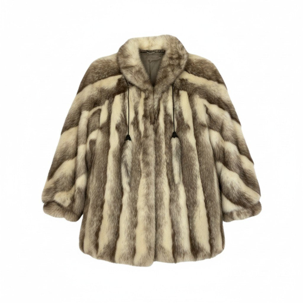 54L4 クロスミンク 飾り付き コート サイズ9号 ホワイト ブラウン 本毛皮 MINK FUR リアルファー ポケット有t18r