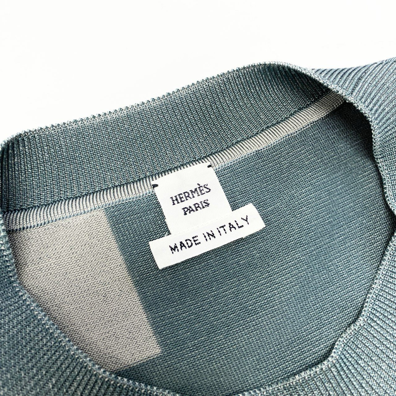 86a16 HERMES エルメス LE TRESOR DE MEDOR RAYURE ツイルレーヌ 長袖カットソー ニット切替 総柄 シルク100％ メンズ 紳士服 2H2835D5 34 グリーン系 グレーo07t