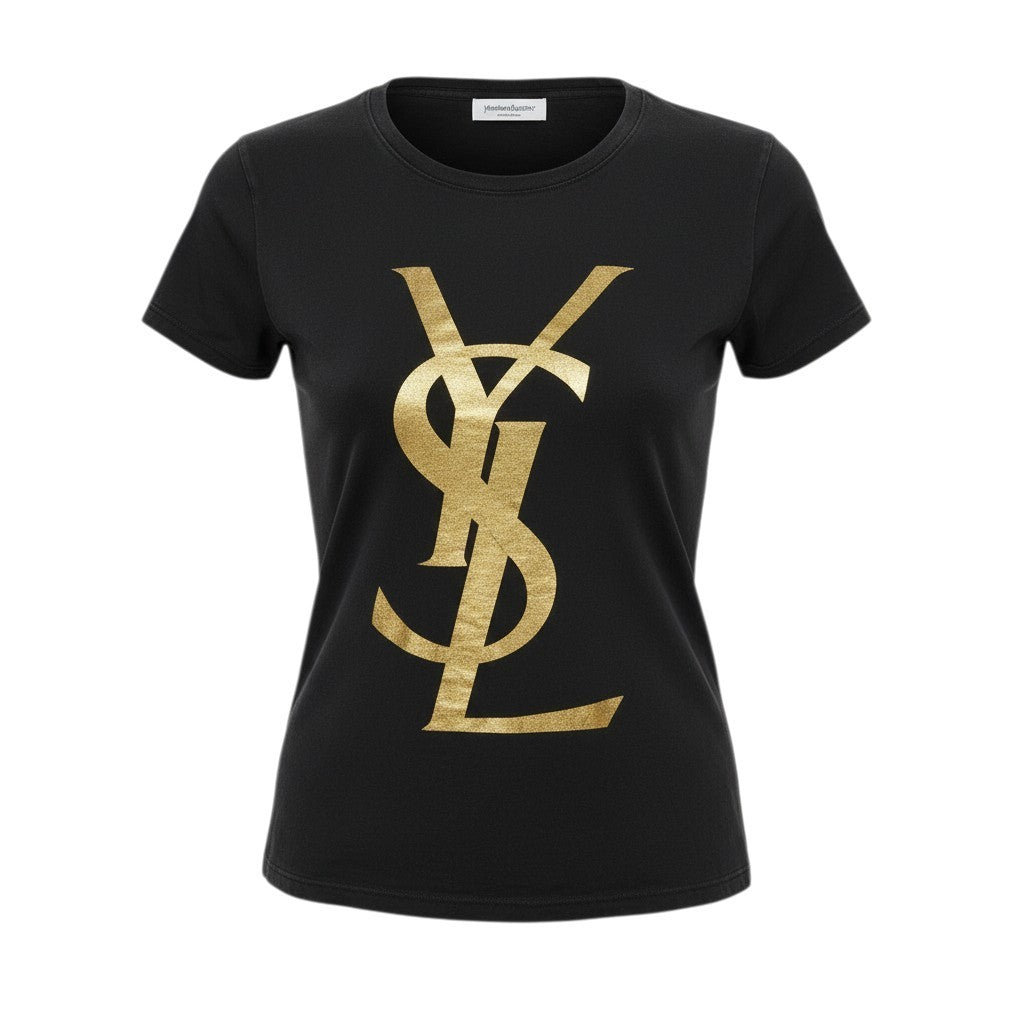 c24 《美品》 YVES SAINT LAURENT rive gauche イヴサンローランリブゴーシュ 半袖カットソー トップス ゴールドロゴ S ブラック コットン レディースu02t