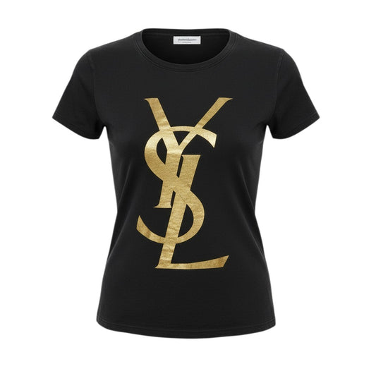 c24 《美品》 YVES SAINT LAURENT rive gauche イヴサンローランリブゴーシュ 半袖カットソー トップス ゴールドロゴ S ブラック コットン レディースu02t