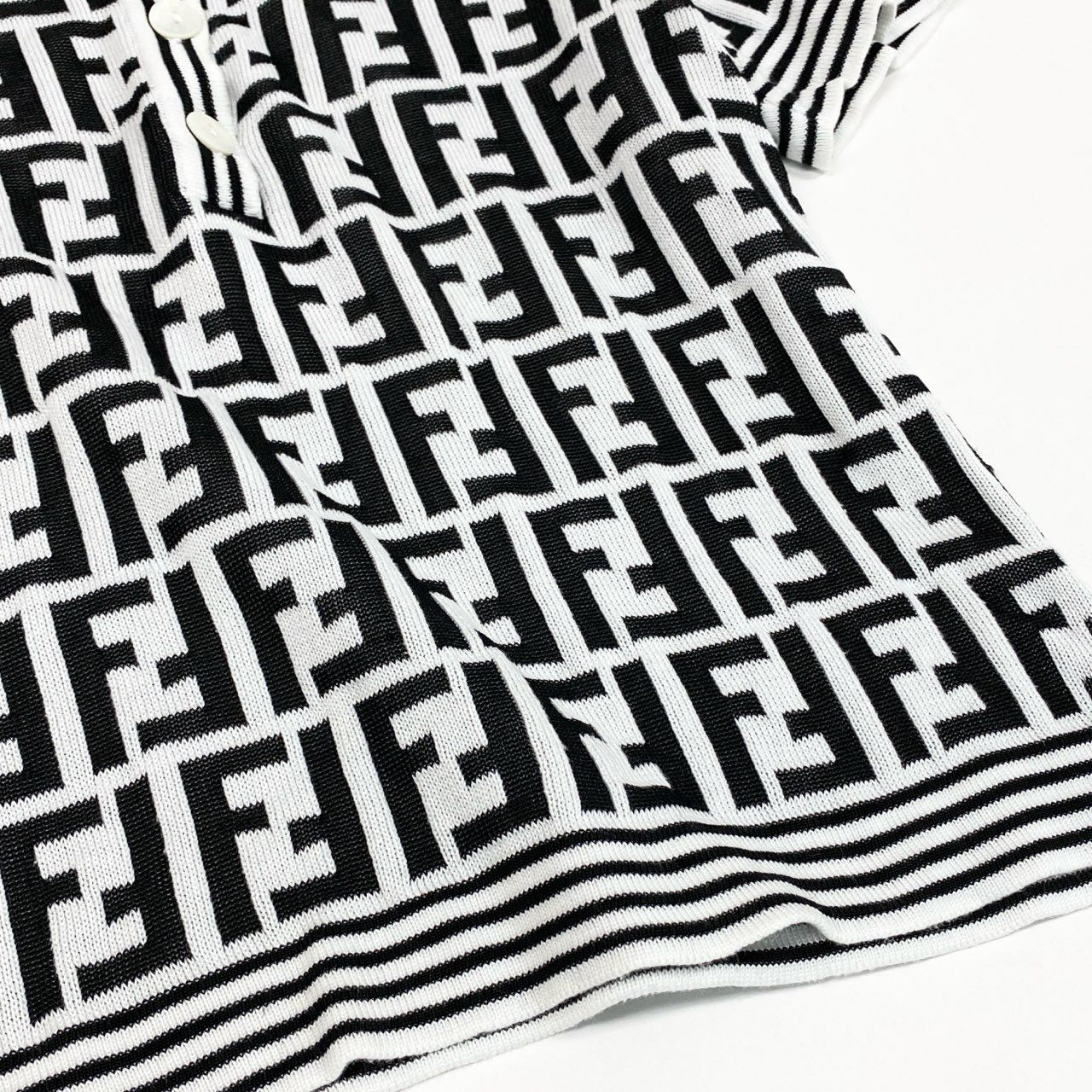 Ac2 FENDI フェンディ ヴィンテージ ニットポロシャツ ズッカ柄 S相当 ホワイト、ブラック レディース トップスk02i