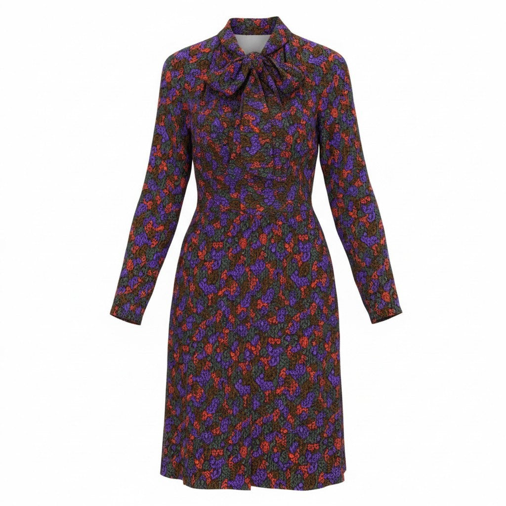 b26 Vintage SAINT LAURENT rive gauche イヴサンローラン リブゴーシュ ボウタイワンピース ロングワンピース 総柄 36 マルチカラー フランス製u02t