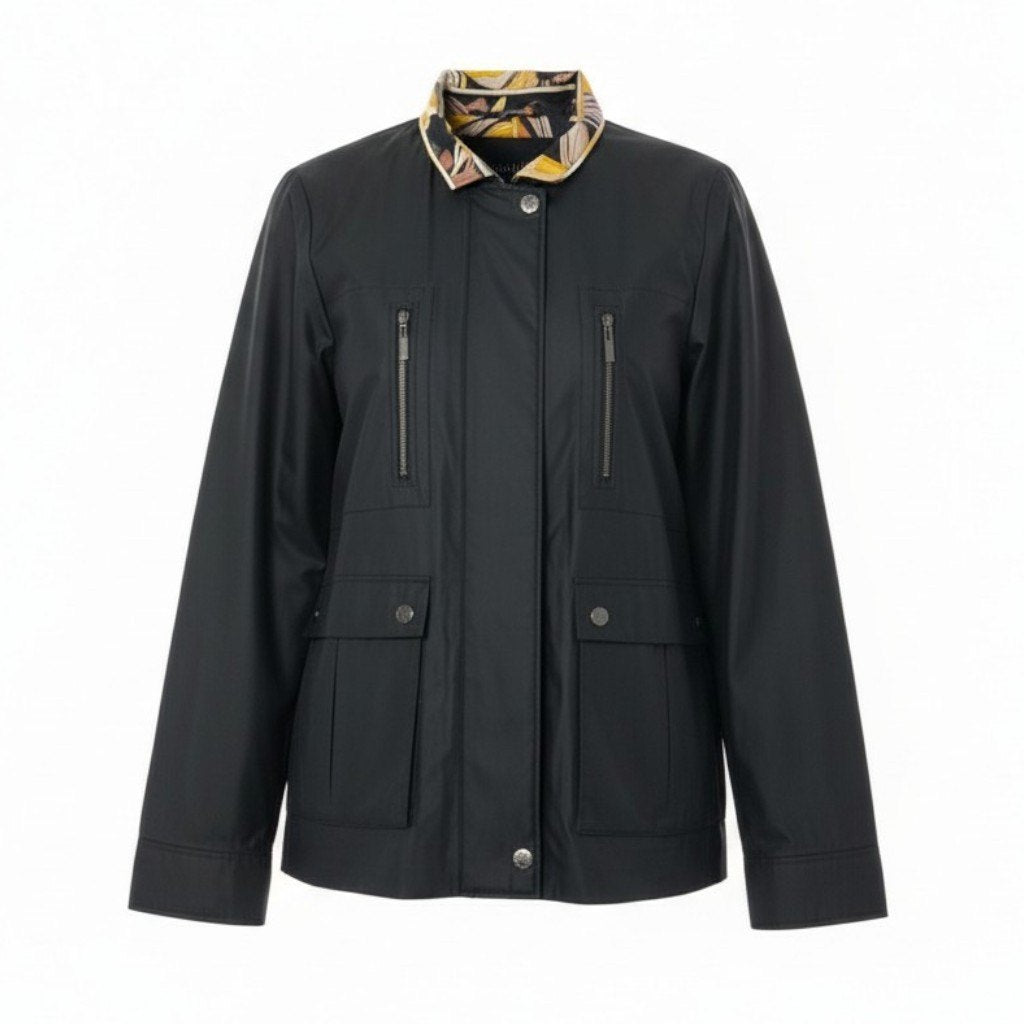 60c6 LEONARD レオナール 美しい花柄プリント 薄手ジャケット ライトアウター 44 ブラック レディース 大きいサイズu02t