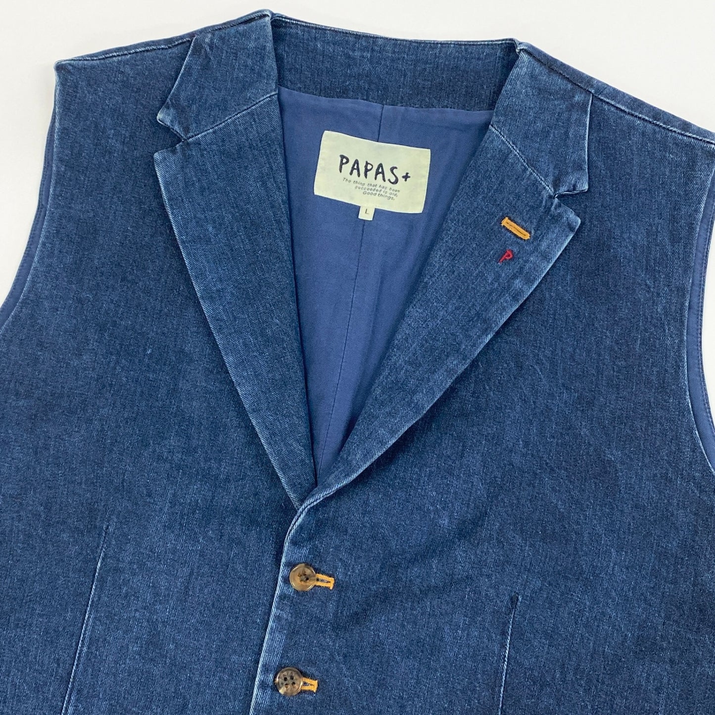 29k6【美品】PAPAS+ パパスプラス デニムベスト  ノースリーブ ジャケット アウター D045CFV 007 Lサイズ インディゴ メンズu02t