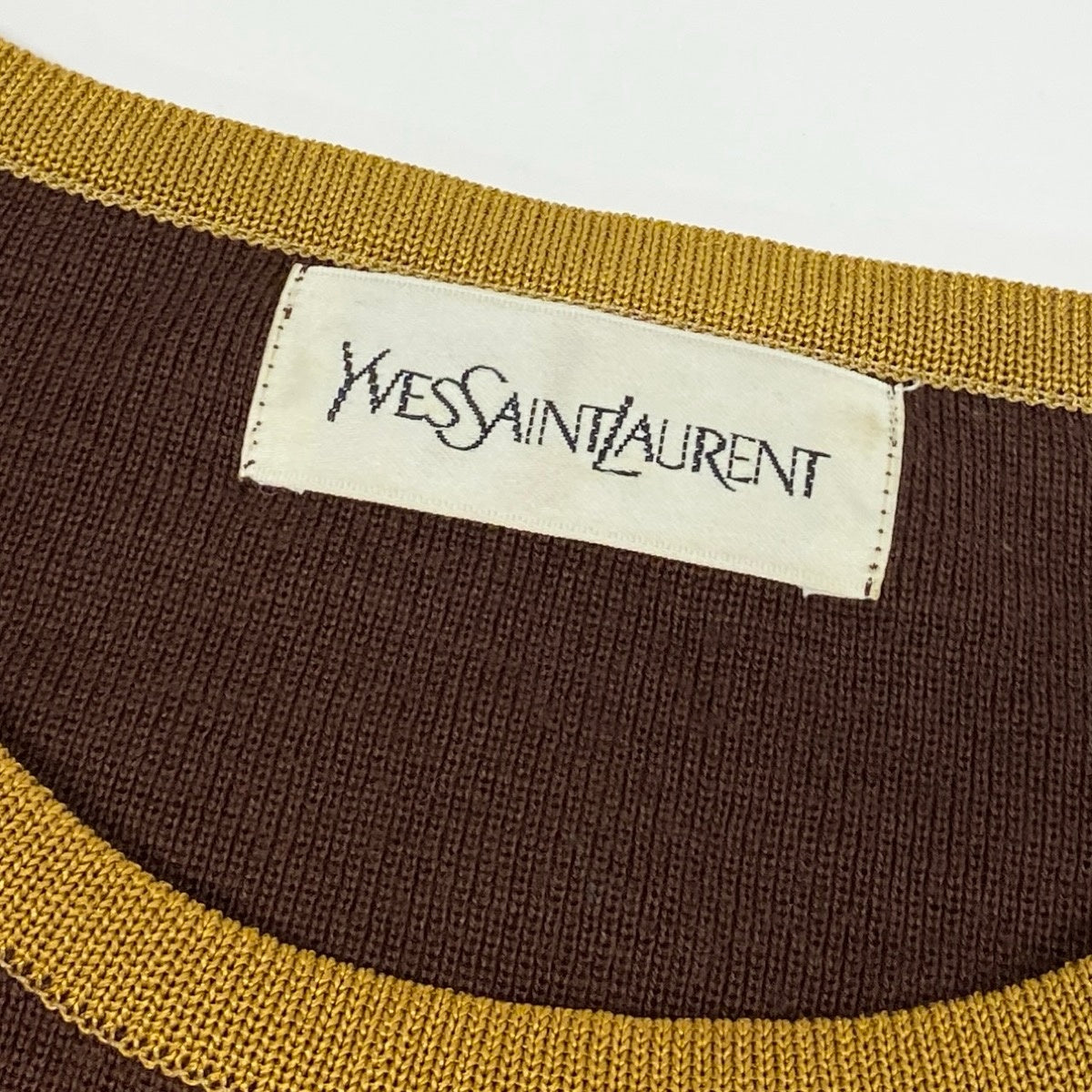 71f2 YVES SAINT LAURENT イヴサンローラン ロングスリーブ ニットワンピース 切替ワンピース バイカラー サイズM ブラウン イエロー レディース 女性服o07t