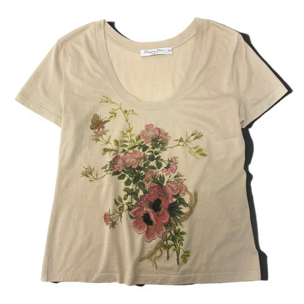 Ed22 Christian Dior クリスチャンディオール ガリアーノ期 半袖コットンTシャツ Uネック 花刺繍 トップス 46サイズ ベビーピンク コットン100％ レディース 女性用nu1