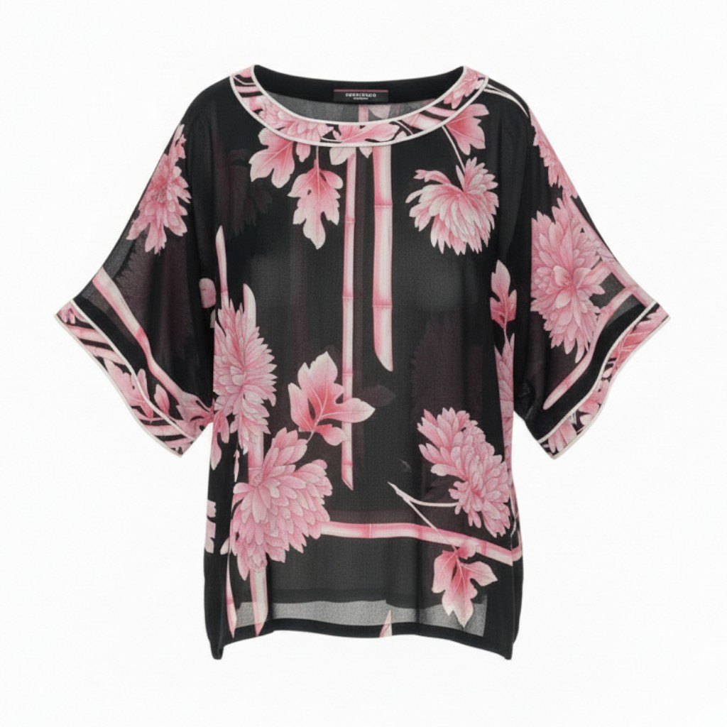 6b12【美品】LEONARD レオナール チュニックカットソー カンカン素材 美しい花柄プリント ストレッチ 0199541 Lサイズ ブラック ピン レディース 女性用u02t