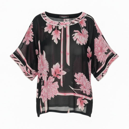 6b12【美品】LEONARD レオナール チュニックカットソー カンカン素材 美しい花柄プリント ストレッチ 0199541 Lサイズ ブラック ピン レディース 女性用u02t