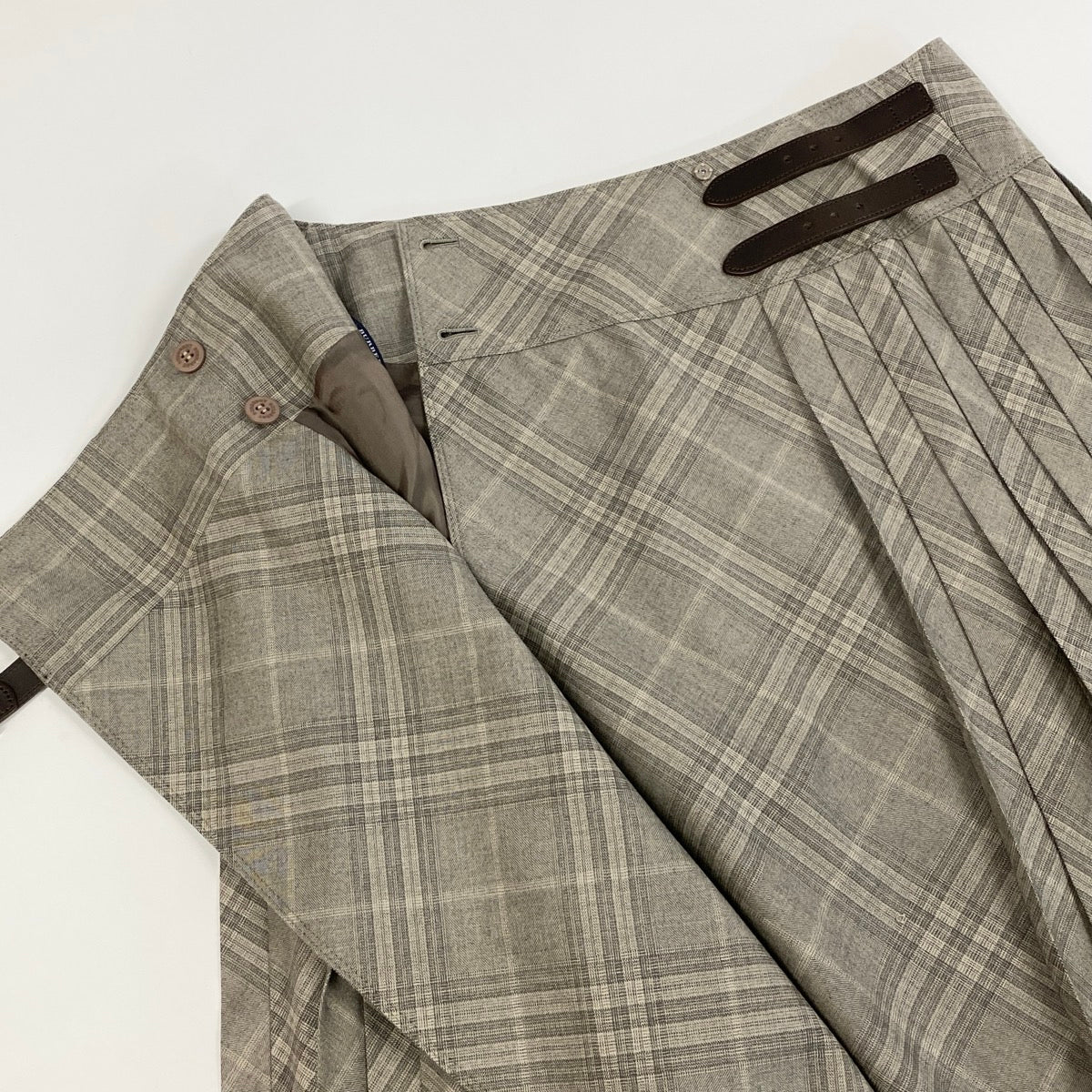 Ee25 【タグ付き】 BURBERRY  LONDON バーバリーロンドン チェック プリーツスカート ラップスカート レザーベルト サイズ46 グレージュ系 ウール100％ レディース女性服o07t