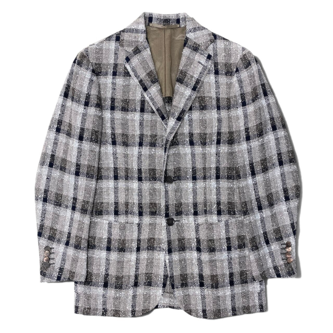77h20【美品】Stile Latino スティレラティーノ テーラードジャケット チェック柄 リネン混 本切羽 スラブヤーン 42サイズ ブラウン メンズ 男性用k02i
