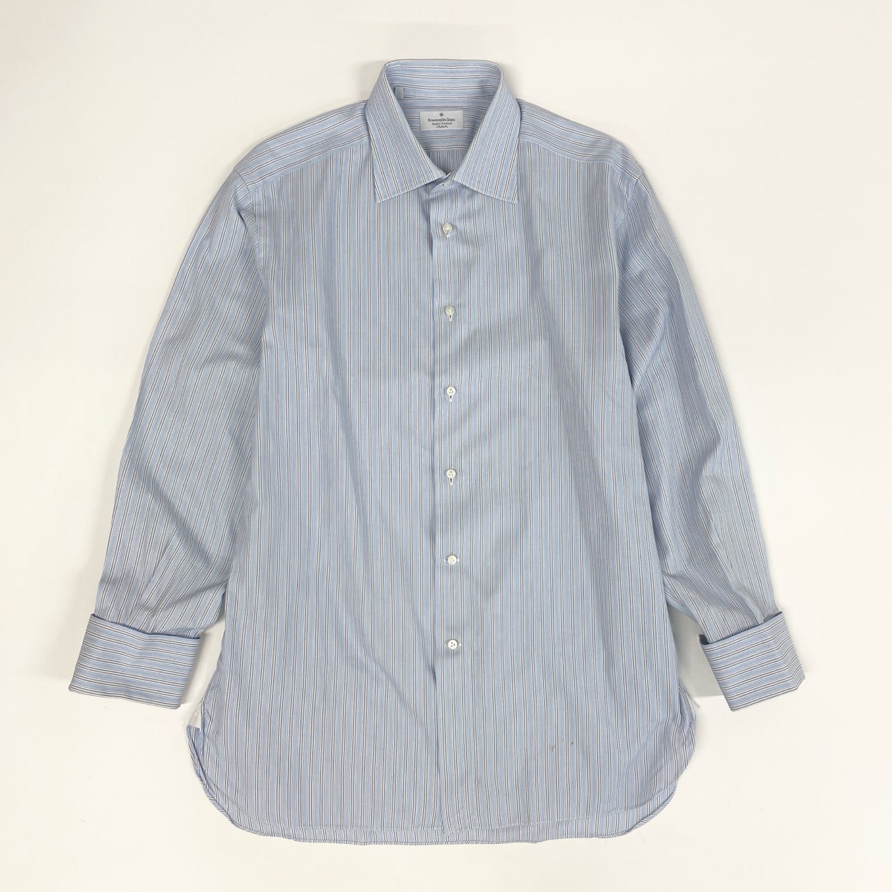 31k2《美品》 Ermenegildo Zegna エルメネジルドゼニア 長袖 ドレスシャツ ストライプ ビジネス フォーマル 41 Lサイズ相当 ブルー コットン メンズo07t