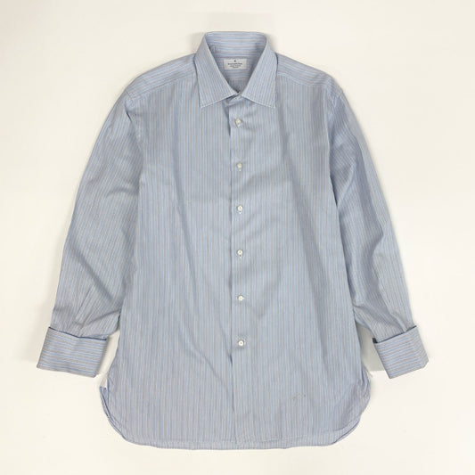 31k2《美品》 Ermenegildo Zegna エルメネジルドゼニア 長袖 ドレスシャツ ストライプ ビジネス フォーマル 41 Lサイズ相当 ブルー コットン メンズo07t