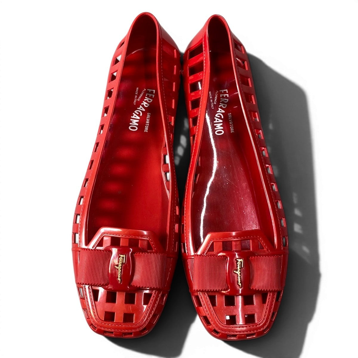 f24 SALVATORE FERRAGAMO メッシュパンプス ヴェラリボン シューズ イタリア製 8サイズ レッド ラバー レディース 女性用o07t