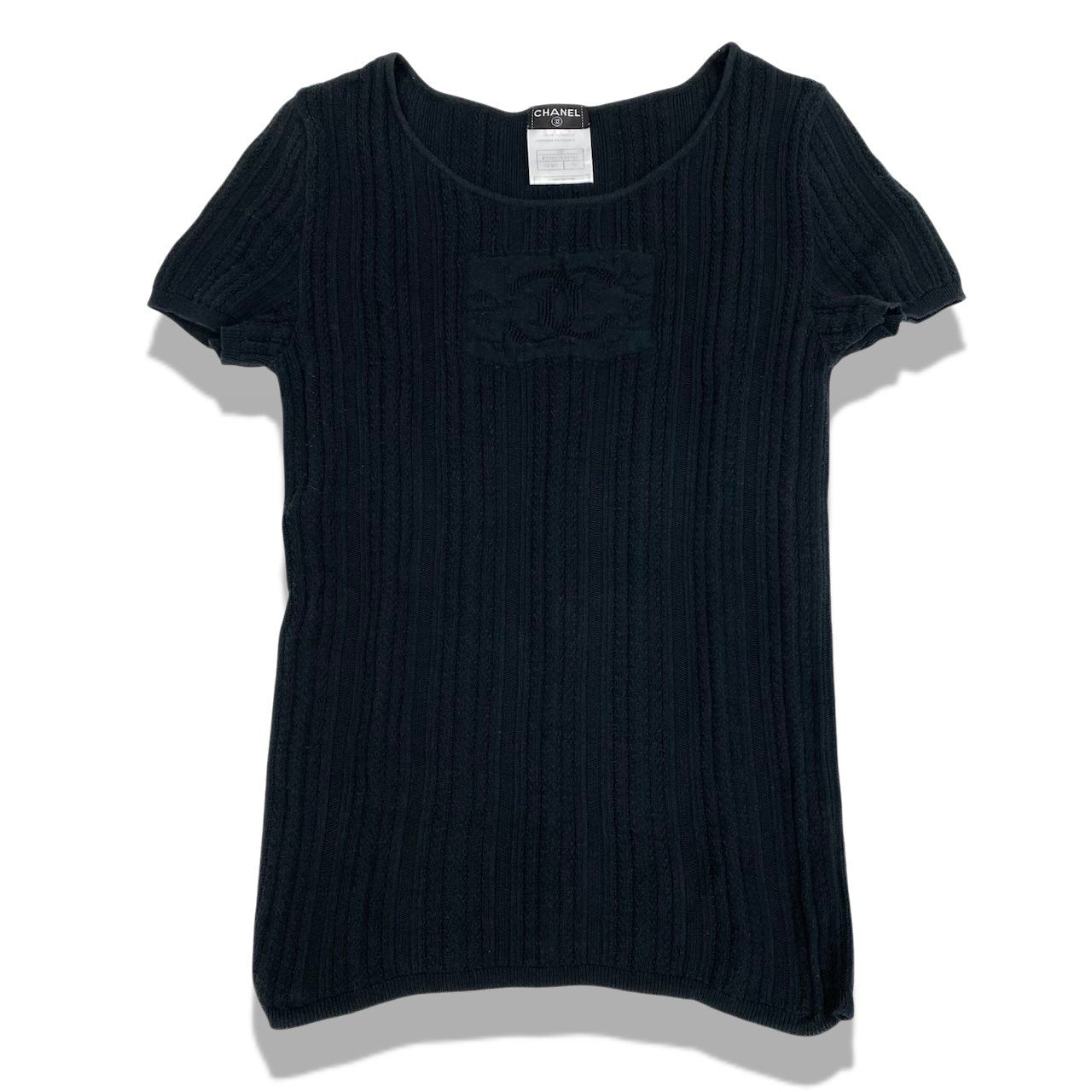 c24 CHANEL シャネル 2004 ココマーク 半袖ニット トップス P23107 サイズ38 ブラック コットン レディースu02t
