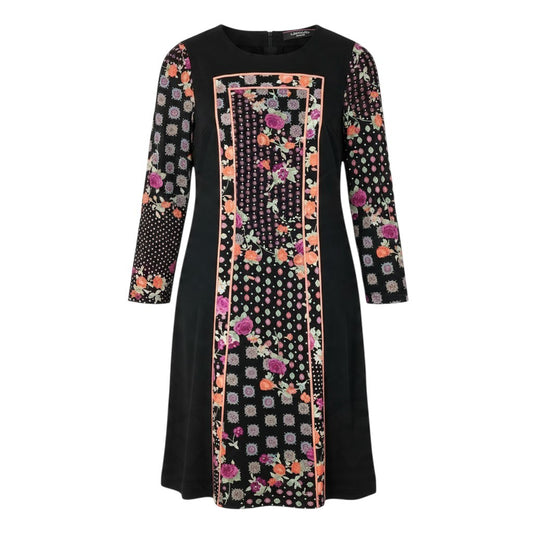 30j27 【美品】 LEONARD FASHION レオナール シアースリーブ ロングワンピース 美しい花柄プリント カンカン素材 サイズ1 ブラック レディースo07t