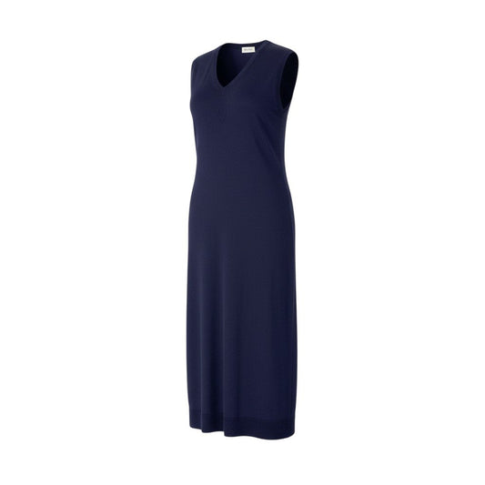 2a29【美品】HERMES エルメス ノースリーブニットワンピース Vネック 胸元ロゴ 36サイズ ネイビー コットン100％ レディース 女性用o07t