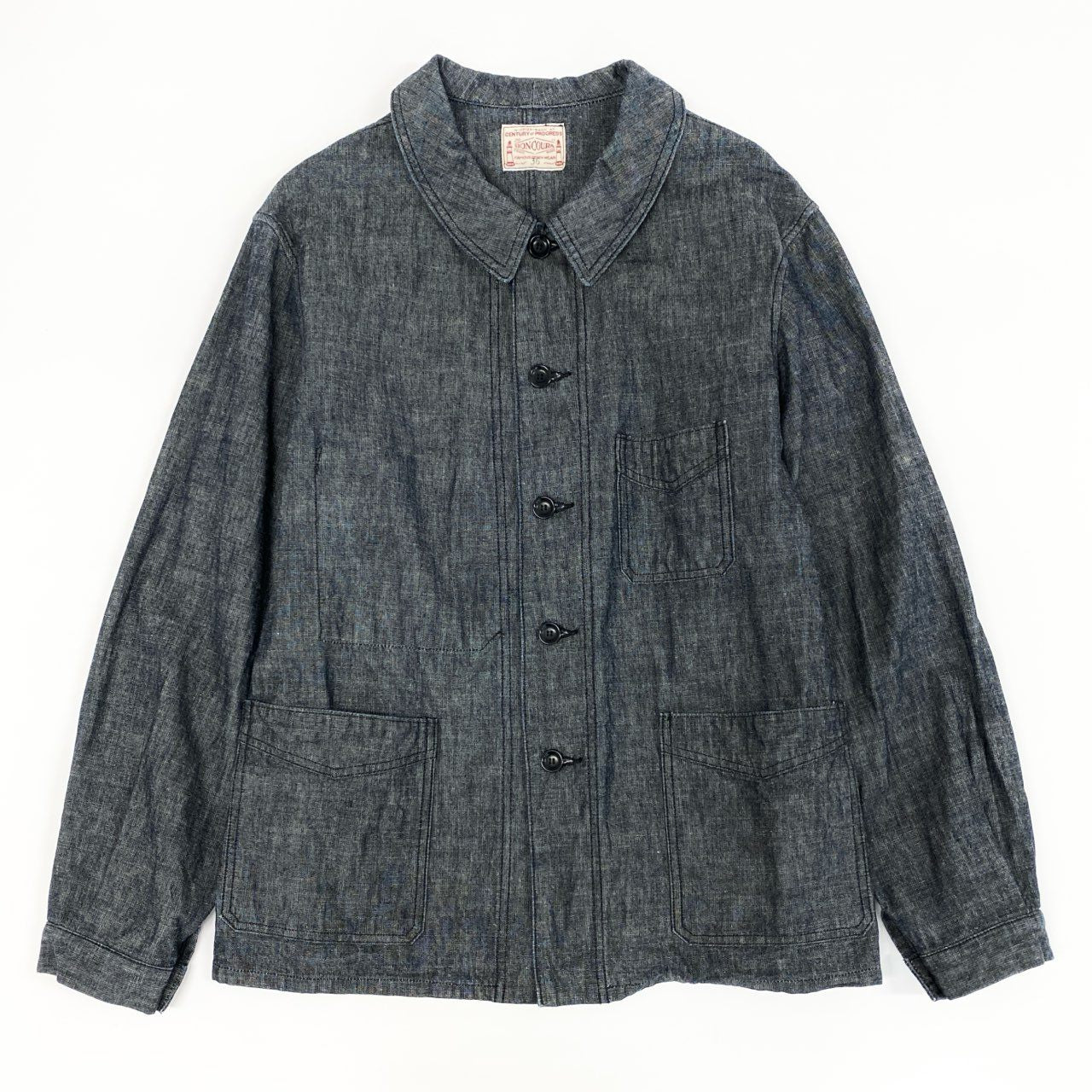 43f25 【美品】BONCOURA ボンクラ フレンチカバーオール コットンリネン ヘビーオンスシャンブレー サイズ36 ネイビー メンズ ワークジャケット
