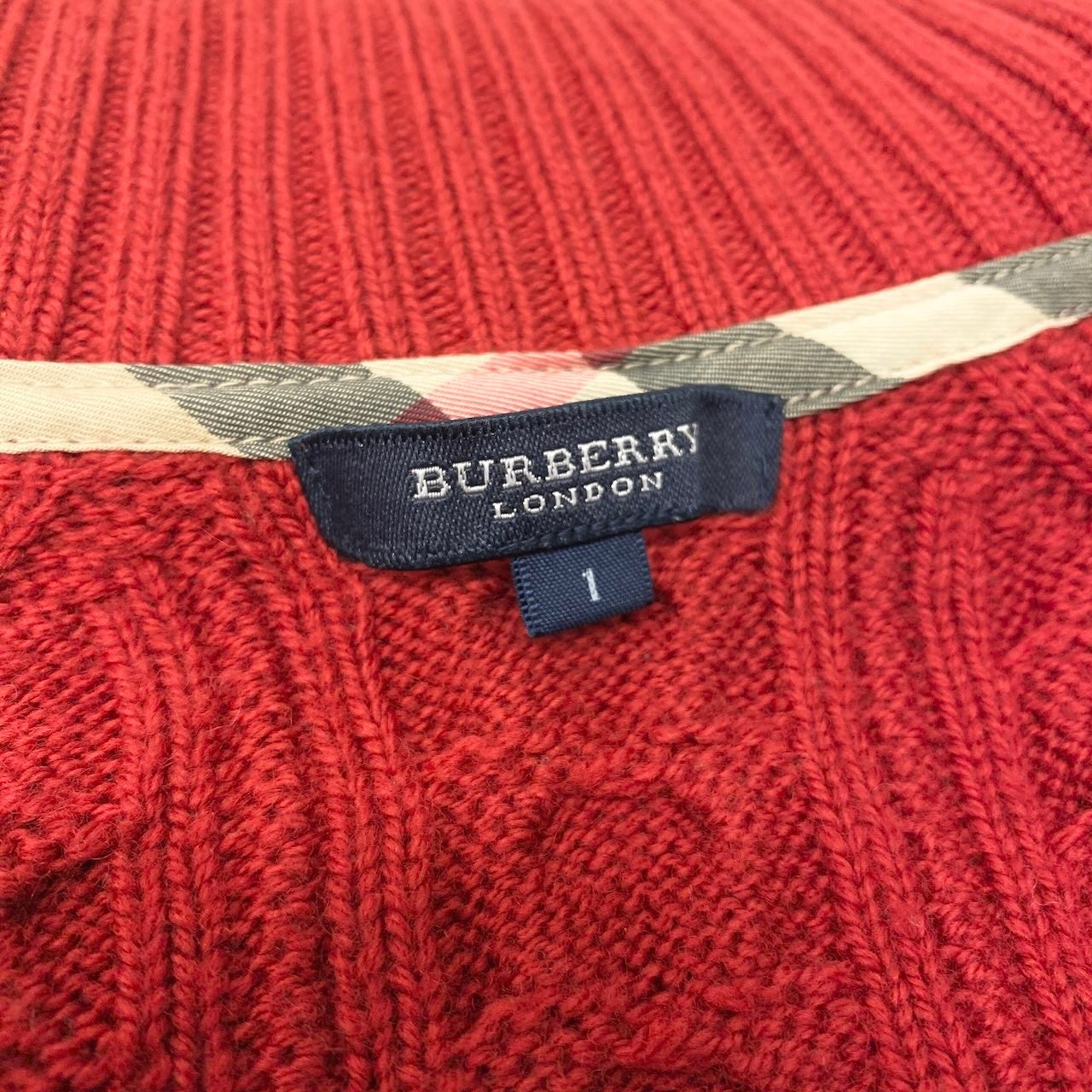 8d13 BURBEERY LONDON バーバリー ケーブルニット カーディガン サイズ1 レッド Cable Knit Cardigan 日本製t18r