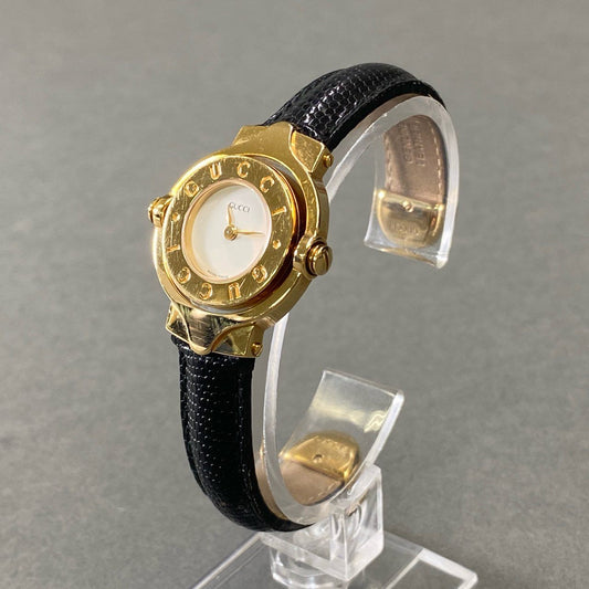 g29 GUCCI グッチ ターンフェイス バングルウォッチ クォーツ腕時計 回転式 リバーシブル アナログ ブラック ゴールド レザーベルト