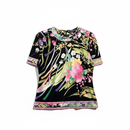 27f17 LEONARD レオナール 半袖Tシャツ カットソー 美しい花柄プリント サイズL ブラック コットン100％ レディース 女性服u02t