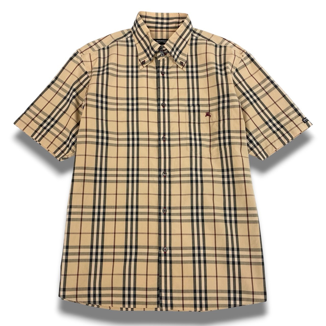 Ic2 BURBERRY BLACK LABEL バーバリーブラックレーベル 半袖シャツ トップス ノバチェック ホース刺繡 3 ベージュ系 コットン メンズu02t