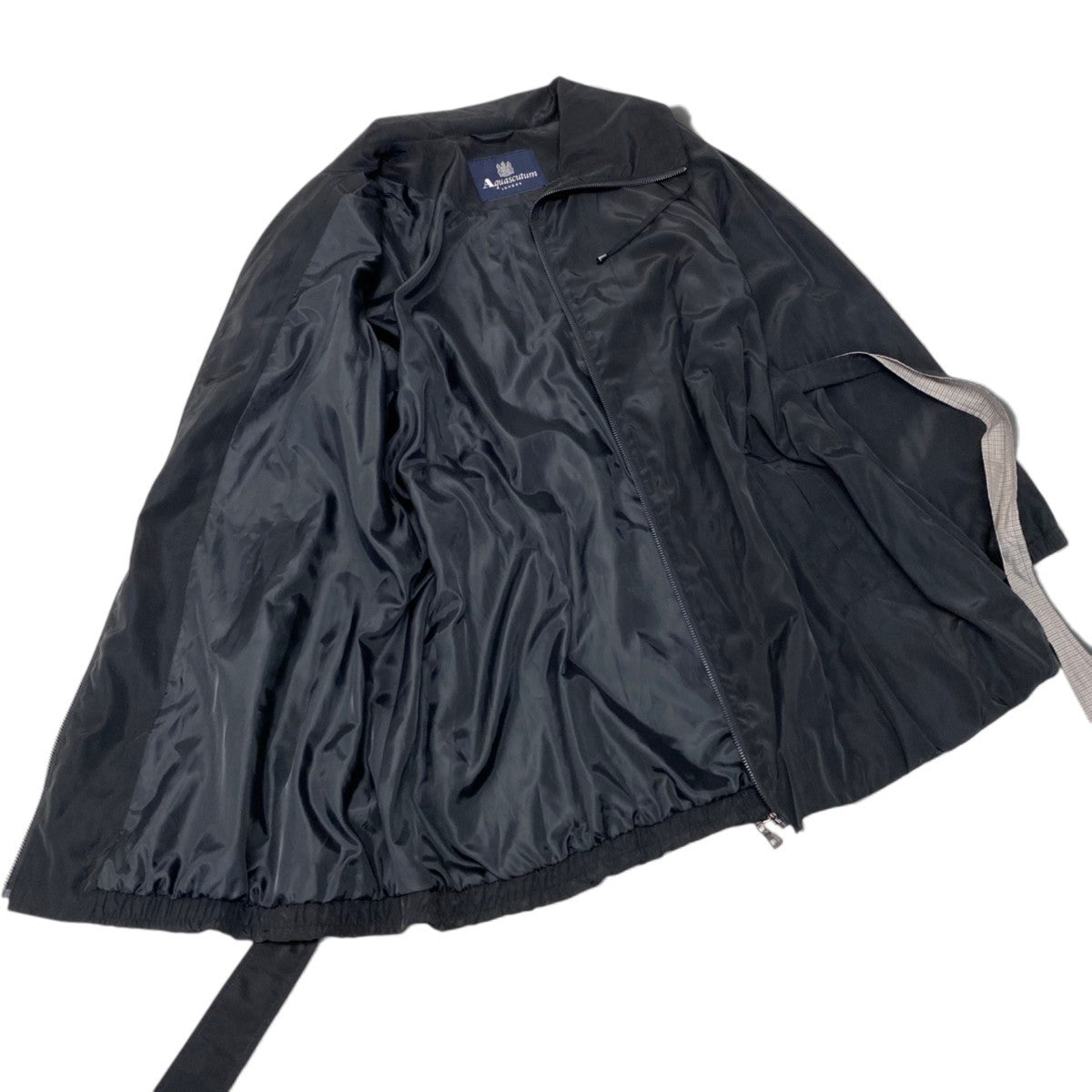 93j21 Aquascutum アクアスキュータム スタンドカラージャケット ライトアウター クラブチェック柄 ミドル丈 ウエストベルト 175/96Aサイズ ブラック ポリエステル100％ レディース 女性用u02t