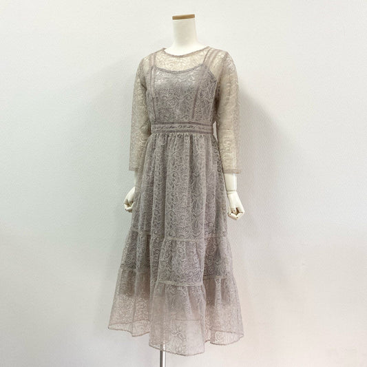 60j27 《美品》Lily Brown リリーブラウン オケージョンワンピース 長袖ワンピース 総レース ベルベット フレア LWFO194001 1サイズ ピンクベージュ レディースu02t