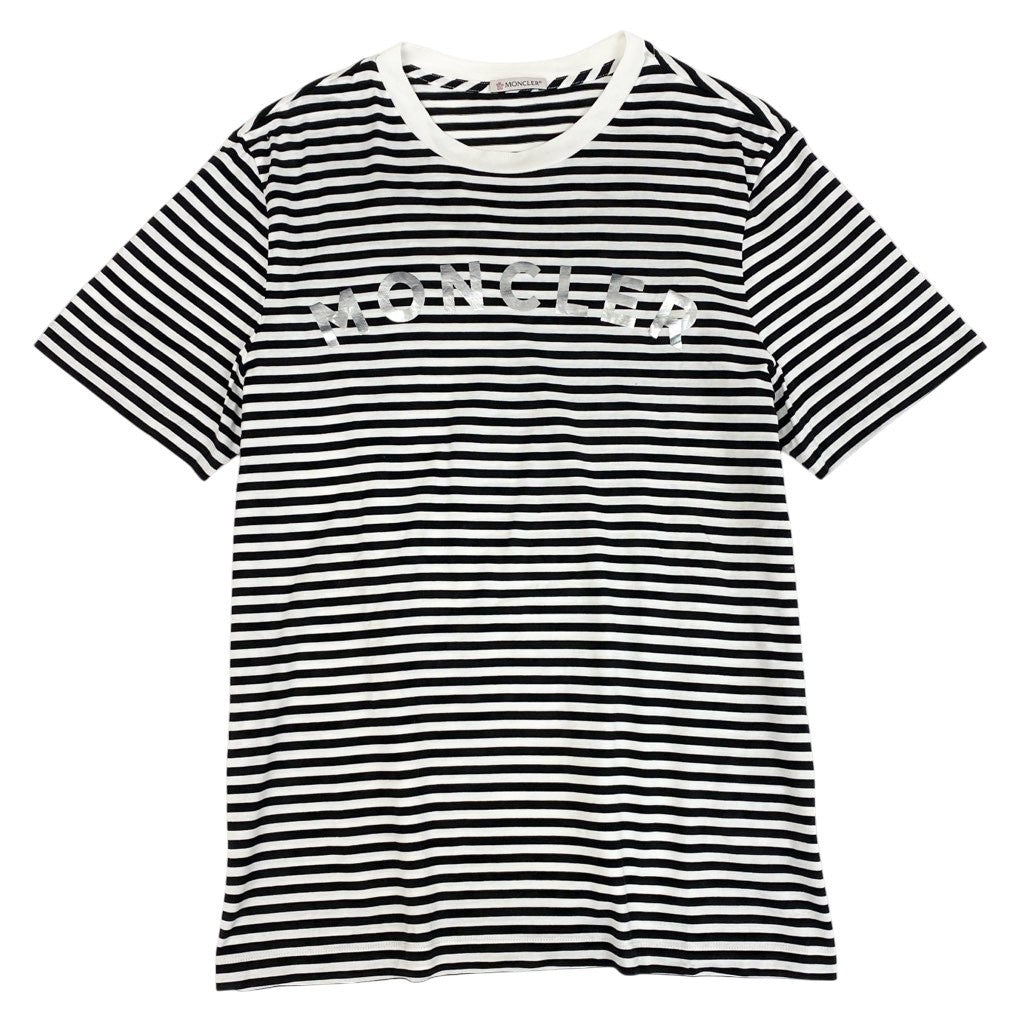 13l27【美品】MONCLER モンクレール 半袖Tシャツ ボーダー 2020 胸元ロゴ G10918C7E010 829GR Sサイズ ホワイト ブラック メンズk02i