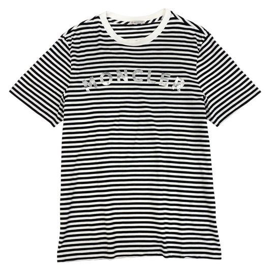13l27【美品】MONCLER モンクレール 半袖Tシャツ ボーダー 2020 胸元ロゴ G10918C7E010 829GR Sサイズ ホワイト ブラック メンズk02i