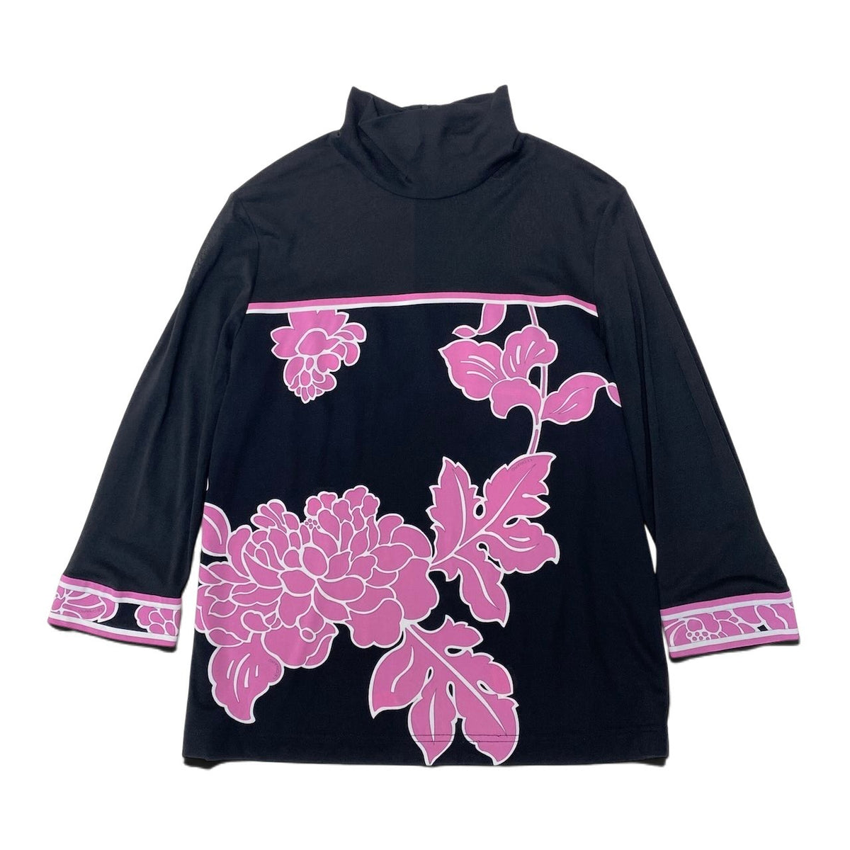 37i26 LEONARD レオナール ハイネックカットソー ブラウス 七分袖 花柄 カンカン素材 シアーカットソー 0159218 40 ブラック ピンク レディース 女性用u02t