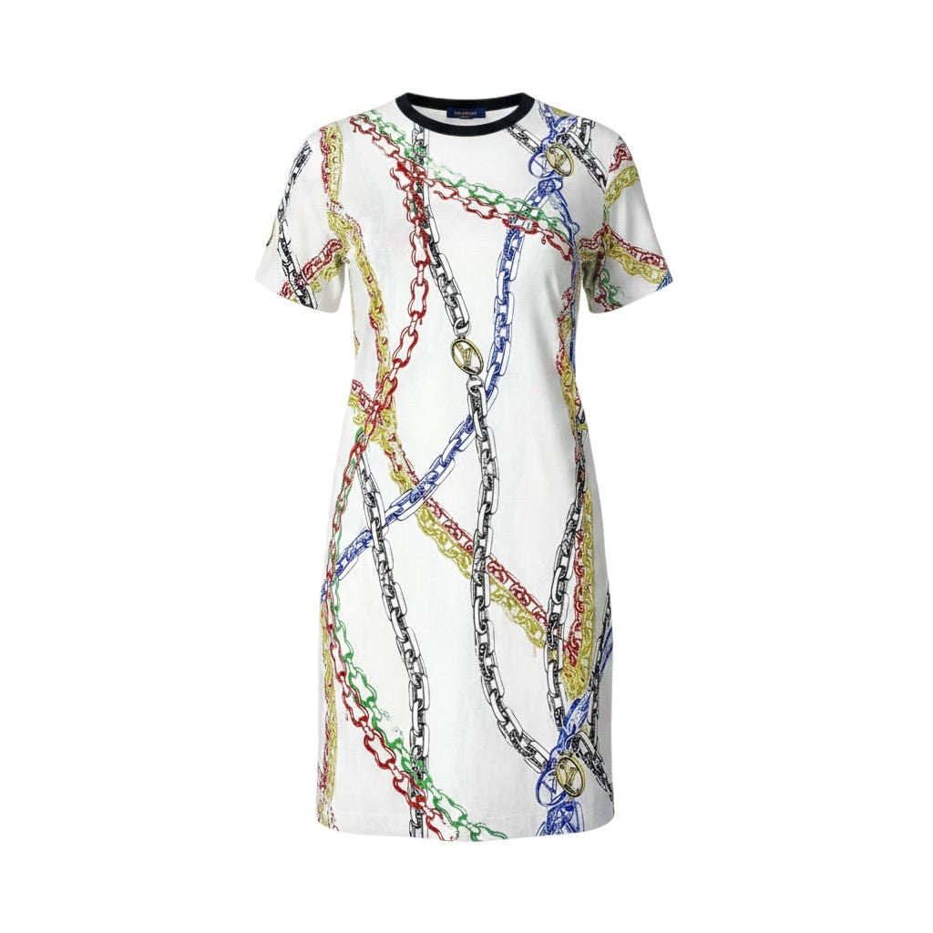Ig6 LOUIS VUITTON ルイヴィトン 21年 チェーンプリント Tシャツワンピース LVロゴ RW212W FO8 FLDR53 サイズXS ホワイト レディースk02i