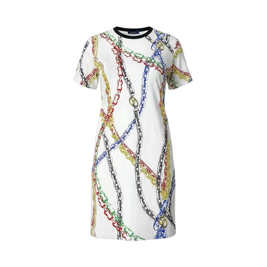 Ig6 LOUIS VUITTON ルイヴィトン 21年 チェーンプリント Tシャツワンピース LVロゴ RW212W FO8 FLDR53 サイズXS ホワイト レディースk02i