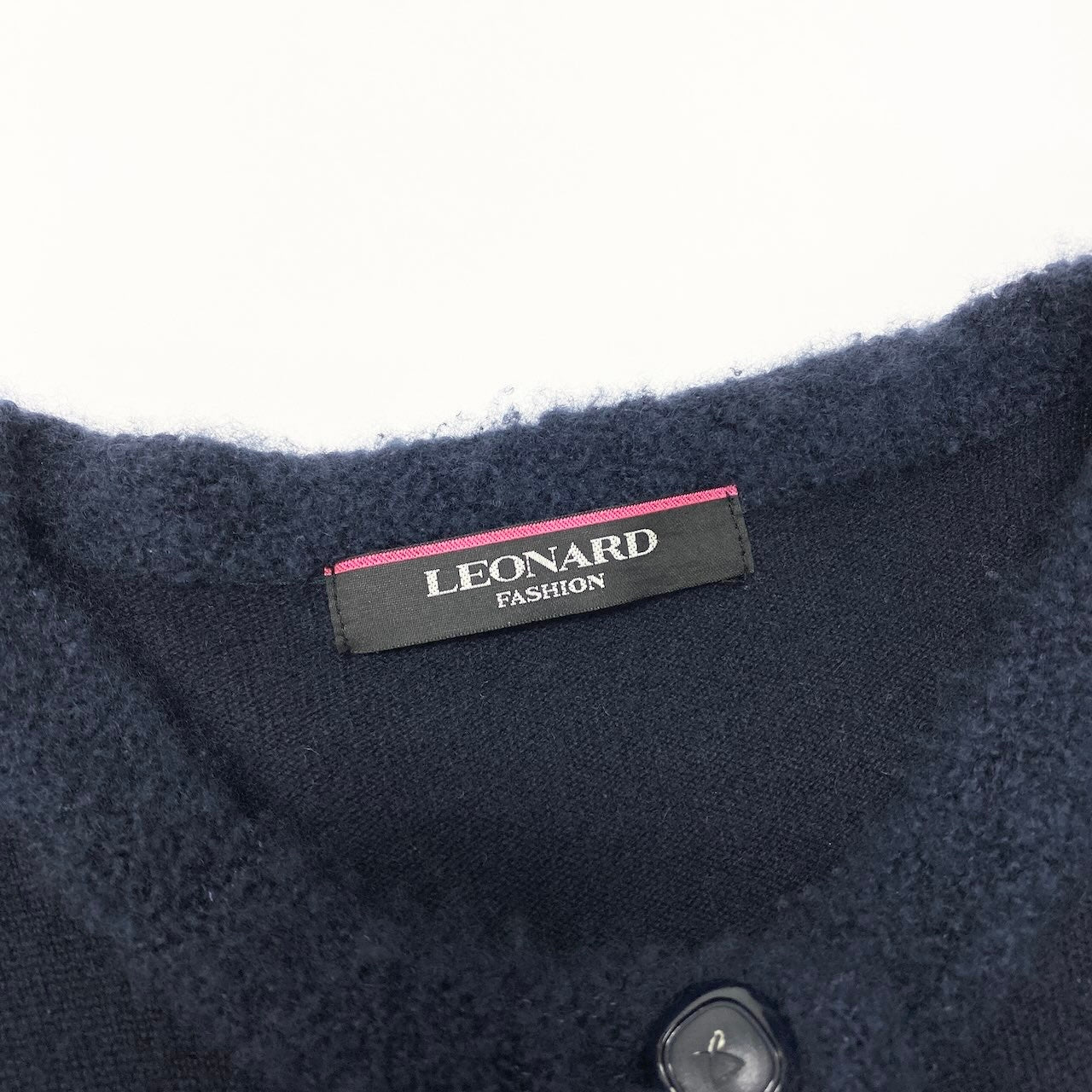 85d9 LEONARD FASHION レオナール ロングスリーブ ニットカーディガン 花柄刺繍 ラインストーン装飾 カシミヤ混 サイズ42 ネイビー レディース 女性用o07t